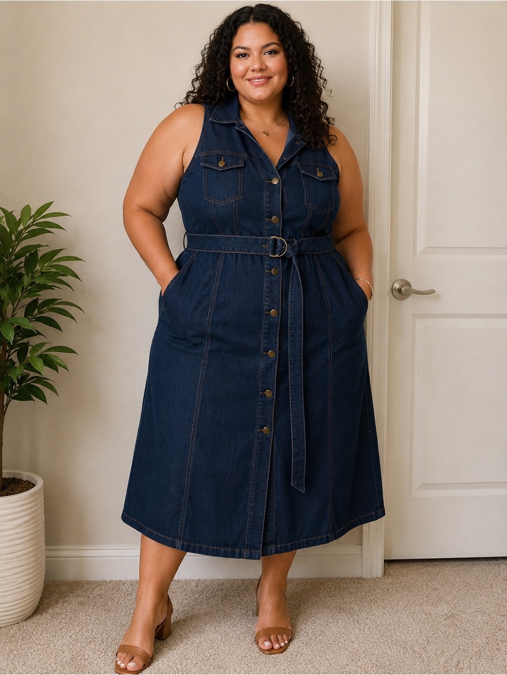 Ashley Stewart Dark Blue Denim Halter Button-Front Dress